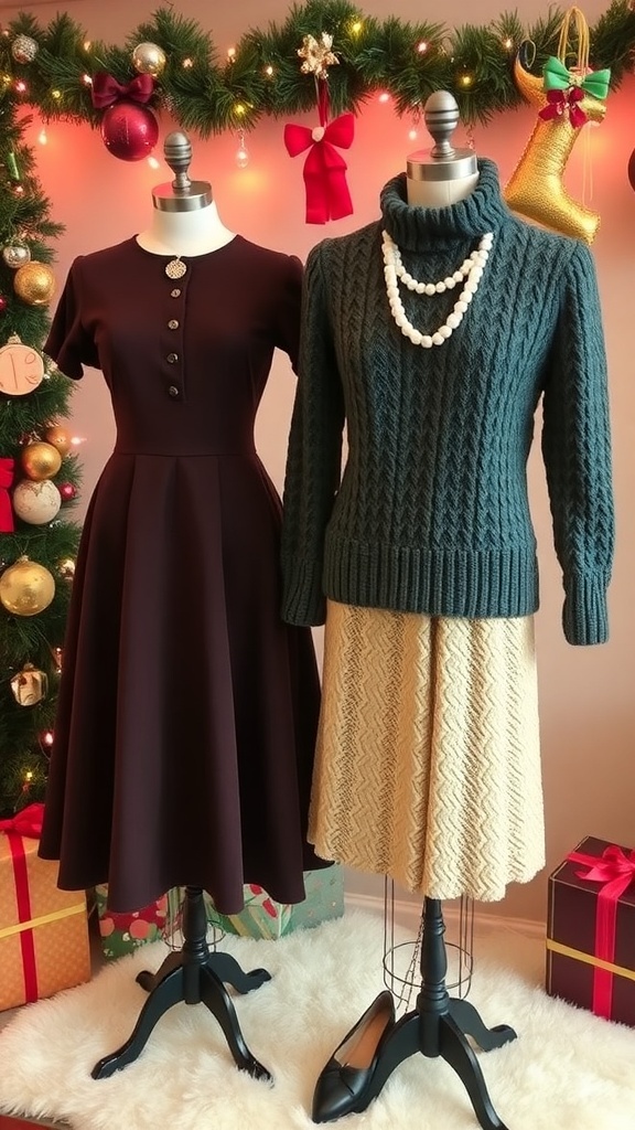 A collection of vintage Christmas outfits including a swing dress, knit sweater, and festive accessories.